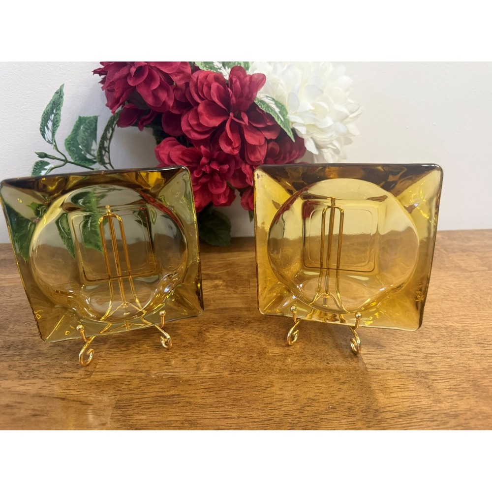 Vintage Amber Yellow Glass‎ Mid Century Square Ashtray Pair Retro Tobacciana